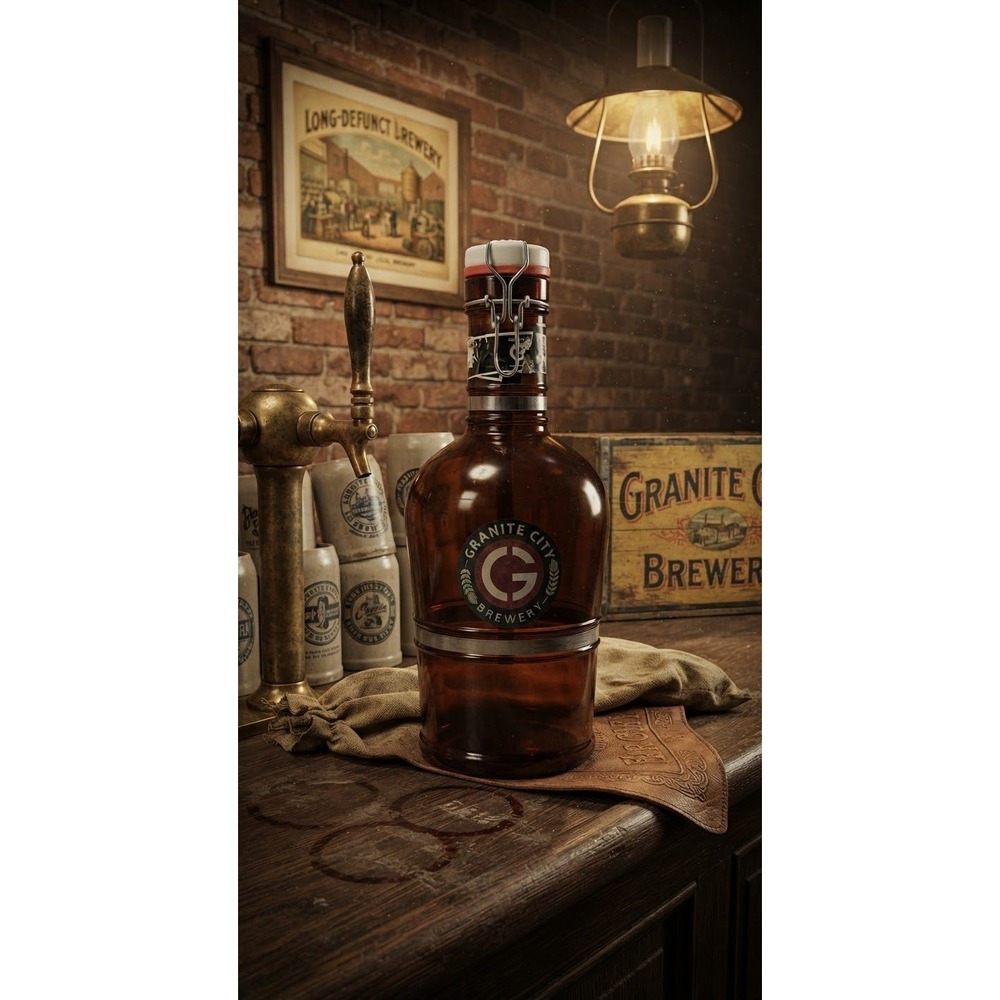 Granite City Brewery Amber Glass Growler Swing Top Bottle with Metal Handle